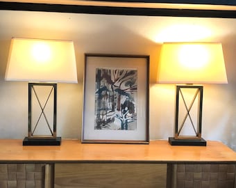 Regency-Style Lamps, Modern Brass X Lamps on Black Base - Pair
