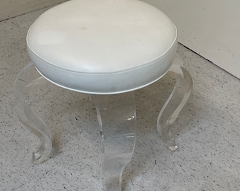 Round Lucite Curved Leg Vanity Stool | mid century vintage seating | white swivel cushion