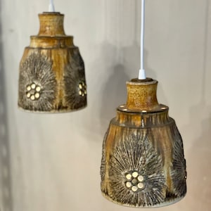 May include: Two brown ceramic pendant lights with a textured, floral design. The lights have white cords and are hanging from a white ceiling.