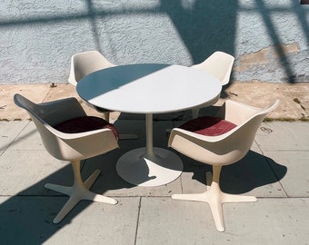 Vintage 1960s Dining Set by Maurice Burke for Arkana | Formica Tabletop | 4 swivel Tulip chairs | mid century modern design