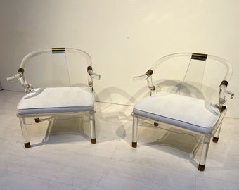 Pair of Charles Hollis Jones Lucite Chairs | Brass Accents | Hollywood Regency style | 1970s