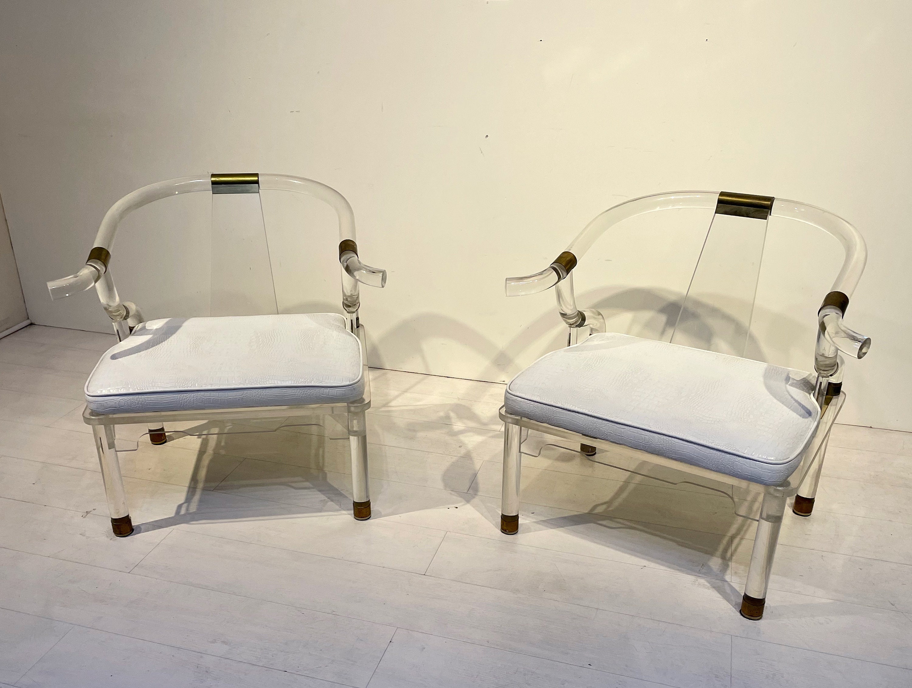 Pair of Charles Hollis Jones Lucite Chairs Brass Accents Hollywood