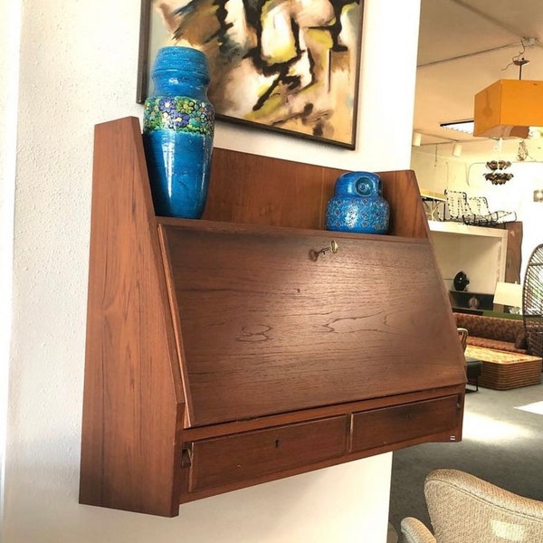 Vintage Fold Up Wall Desk | Mid-Century Teak with Working Lock and Key | 1950s secretary | space saving furniture | laptop work space
