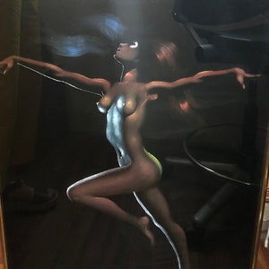 Original Black Velvet Painting Standing Nude after Tyree Framed, 34x23 image 1