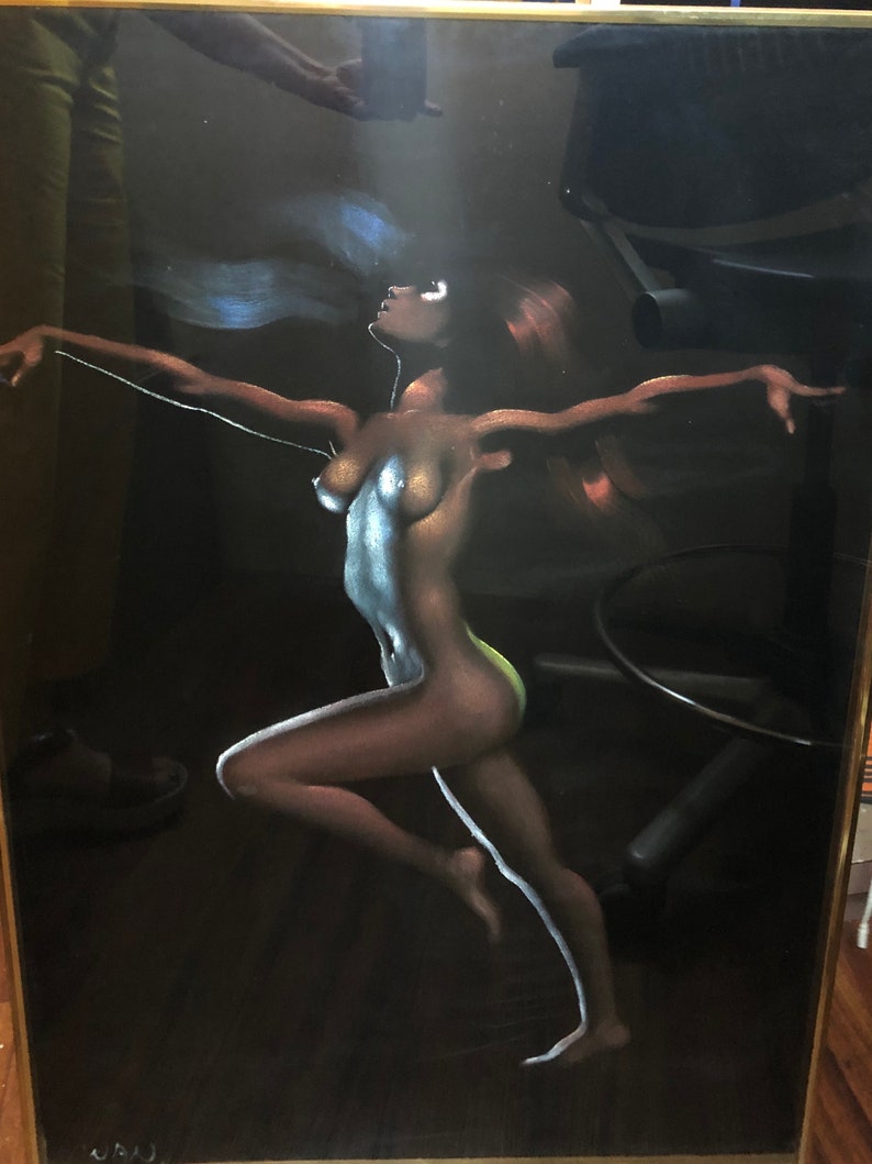 Original Black Velvet Painting Standing Nude after Tyree Framed, 34x23 image 1