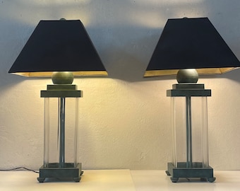Table Lamps | Faux Brass Patina and Glass | vintage lighting in the style of Frank Lloyd Wright | set of 2