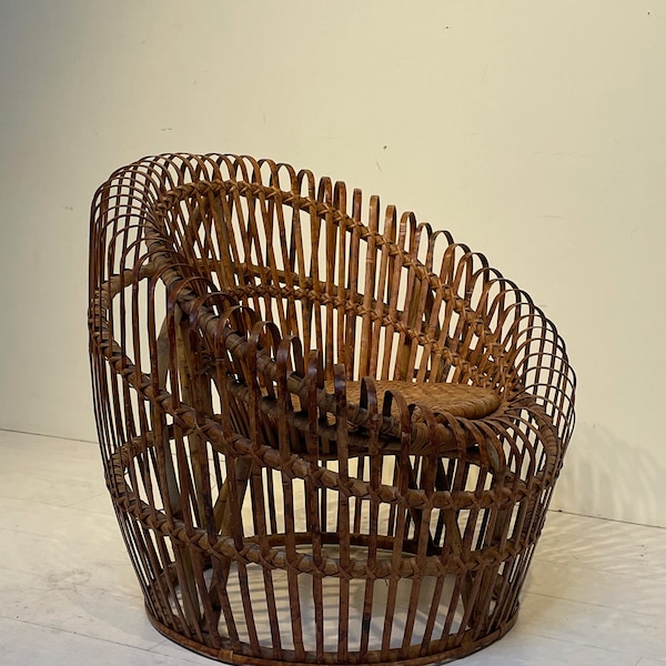 Franco Albini Style Round Bamboo Rattan Chair