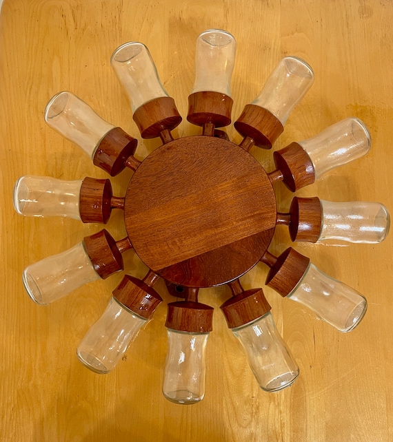 DIGSMED Danish Teak Spice Rack Wheel W 12 Glass Jars | Midcentury