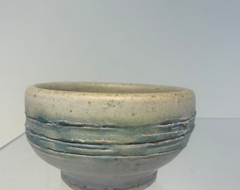 Mid Century Pottery Bowl in Speckle and Blue Glazes