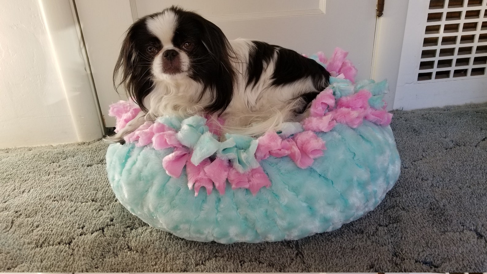 Marshmallow Pet Bed. Pretty pink and aqua faux swirl fur. Etsy