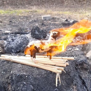 Puede incluir: Una pequeña figurita de oveja blanca y negra está en llamas. La figurita está de pie sobre una pila de palitos de madera. El fuego es naranja y amarillo y está engullendo la figurita.