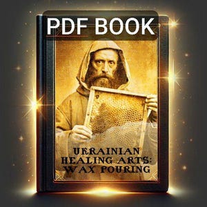 May include: A PDF book cover featuring a man in a brown robe holding a honeycomb frame. The title of the book is "UKRAINIAN HEALING ARTS: WAX POURING".