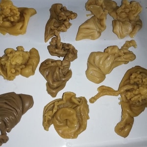 May include: A collection of 10 irregularly shaped pieces of wax, some are light brown and some are a darker brown.