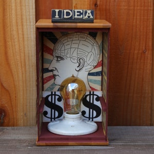 May include: A wooden box with a light bulb inside. The box has a red interior and a vintage-style design. The front of the box has a picture of a brain with the word "IDEA" above it. The box also has two dollar signs on either side of the light bulb.