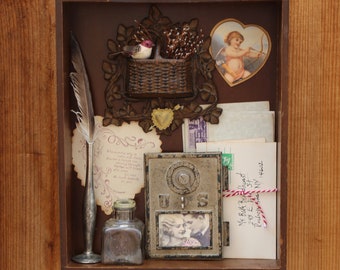 Vintage Love Letters - Found Object Assemblage Art Shadowbox