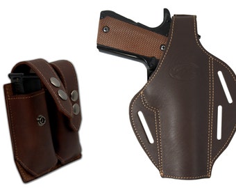 New Brown Leather Pancake Holster + Dbl Mag Pouch for Full Size 9mm 40 45 Pistols (#C58-5BR)