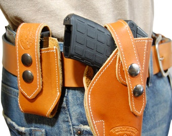 New Saddle Tan Leather OWB Belt Gun Holster + Single Magazine Pouch for .380, Ultra-Compact 9mm 40 45 Pistols (#C12ST)