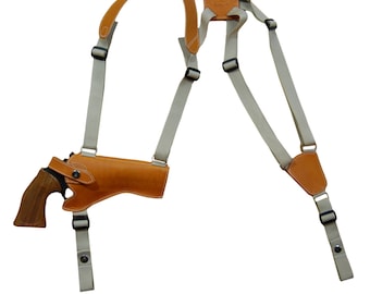 Funda de hombro horizontal para revólver de 4" de cuero color canela tipo silla de montar