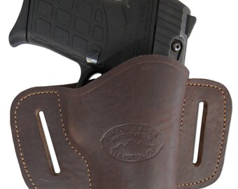 New Brown Leather Belt Quick Slide Gun Holster for Small 380 Ultra Compact 9mm 40 45 Pistols (#108SCBR)