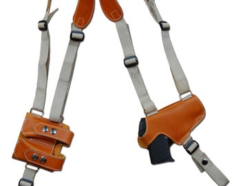 New Saddle Tan Leather Thumb-break Shoulder Holster w/ Dbl Mag Pouch for 380 Ultra Compact 9mm 40 45 Pistols (M13ST)