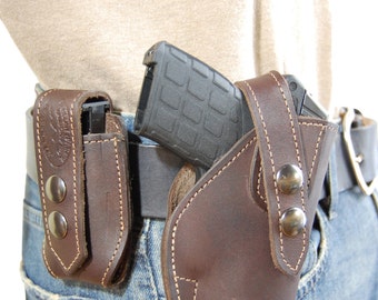 New Brown Leather OWB Belt Holster + Mag Pouch for .380, Ultra-Compact 9mm 40 45 Pistols (#C12BR)