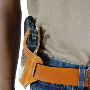 New Saddle Tan Leather Hair on Hide Inlay Holster for 380, Ultra Compact 9mm 40 45 Pistols H57ST image 5