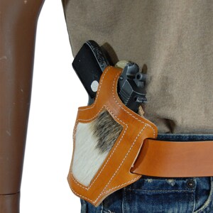 New Saddle Tan Leather Hair on Hide Inlay Holster for 380, Ultra Compact 9mm 40 45 Pistols H57ST image 4