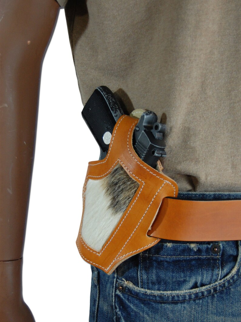 New Saddle Tan Leather Hair on Hide Inlay Holster for 380, Ultra Compact 9mm 40 45 Pistols H57ST image 4