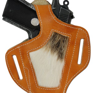 New Saddle Tan Leather Hair on Hide Inlay Holster for 380, Ultra Compact 9mm 40 45 Pistols H57ST image 1