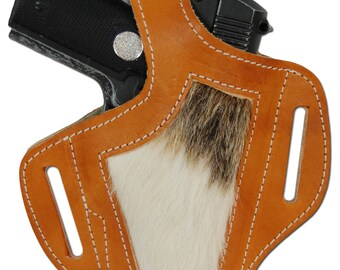 New Saddle Tan Leather Hair on Hide Inlay Holster for 380, Ultra Compact 9mm 40 45 Pistols (#H57ST)