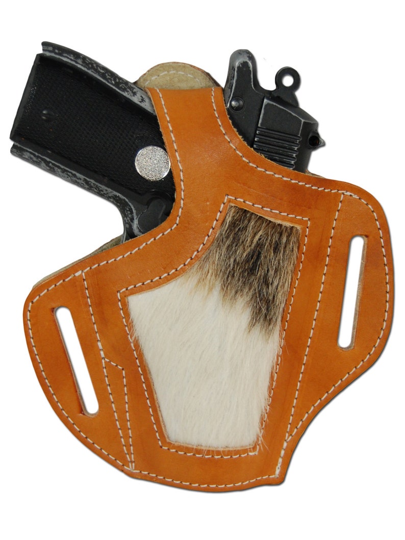 New Saddle Tan Leather Hair on Hide Inlay Holster for 380, Ultra Compact 9mm 40 45 Pistols H57ST image 1