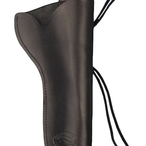 May include: A black leather holster with a curved design, featuring a loop for a belt and a stitched seam along the side. A black cord is attached. The holster has a stamped logo near the bottom.
