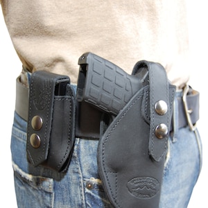 New Black Leather OWB Belt Holster Mag Pouch for .380, Ultra-Compact 9mm 40 45 Pistols C12BL image 1