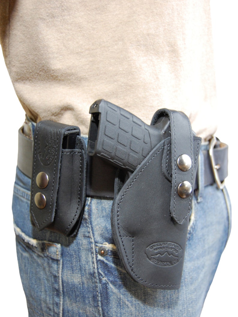 New Black Leather OWB Belt Holster Mag Pouch for .380, Ultra-Compact 9mm 40 45 Pistols C12BL image 1