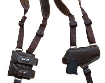 New Brown Leather Thumb-break Shoulder Holster w/ Dbl Mag Pouch for 380 Ultra Compact 9mm 40 45 Pistols (M13BR)