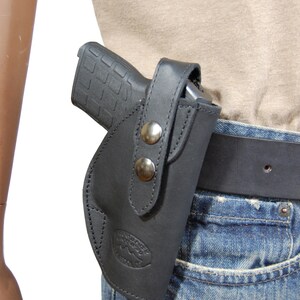 New Black Leather OWB Belt Holster Mag Pouch for .380, Ultra-Compact 9mm 40 45 Pistols C12BL image 5