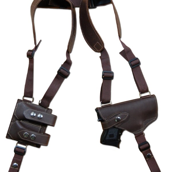 New Barsony Brown Leather Shoulder Holster w/ Dbl Mag Pouch for Compact 9mm .40 .45 Pistols (#2200BR)