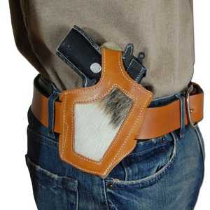 New Saddle Tan Leather Hair on Hide Inlay Holster for 380, Ultra Compact 9mm 40 45 Pistols H57ST image 2