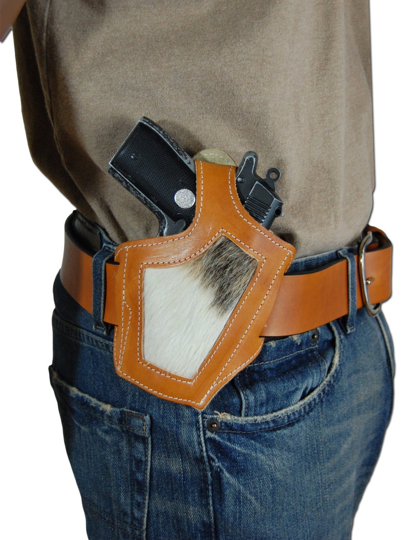 New Saddle Tan Leather Hair on Hide Inlay Holster for 380, Ultra Compact 9mm 40 45 Pistols H57ST image 2