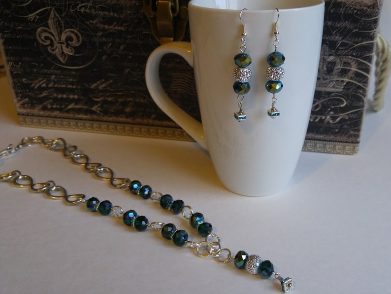Peacock green sparkling crystal necklace and earrings set prom jewelry gift for her formal wear handmade by Felicianation one of a kind
