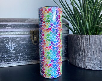 Rainbow heart tumbler by Felicianation, 20 oz stainless steel tumbler for hot or cold drinks