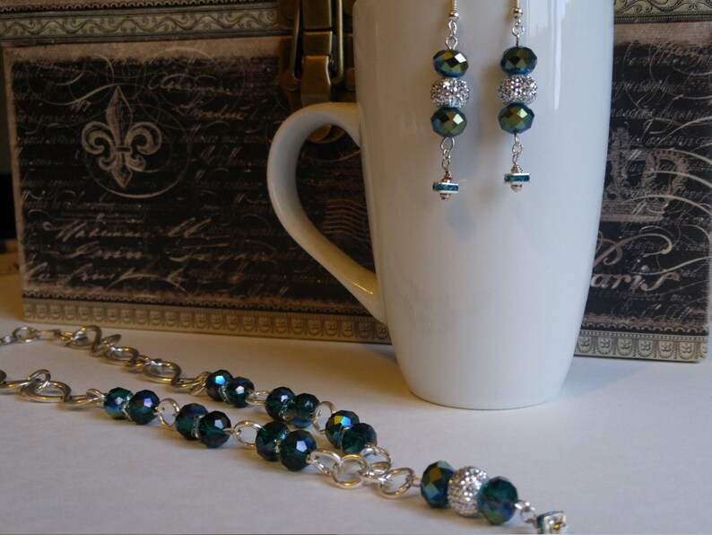 Peacock green sparkling crystal necklace and earrings set prom jewelry gift for her formal wear handmade by Felicianation one of a kind