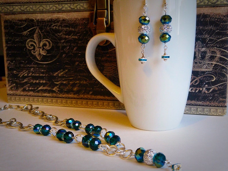 Peacock green sparkling crystal necklace and earrings set prom jewelry gift for her formal wear handmade by Felicianation one of a kind
