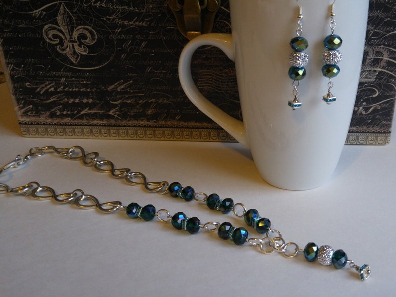 Peacock green sparkling crystal necklace and earrings set prom jewelry gift for her formal wear handmade by Felicianation one of a kind