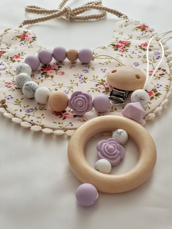 Pink Silicone Wooden Teething Necklace+Teething Baby Bracelet//Sensory Jewellery