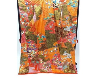 Furisode Kimono, Silk Furisode, Long Sleeve Kimono, Bröllop Kimono Furisode, Silk Kimono, Orange Kimono Robe