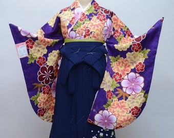 Furisode Kimono & Hakama , Furisode Purple, Womens Kimono, Vintage Kimono Set, Purple Kimono, Blue Hakama,