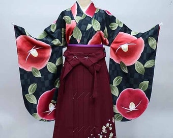 Furisode Kimono & Hakama , Jyuban, Furisode Green, Womens Kimono, Vintage Kimono Set, Red Hakama,