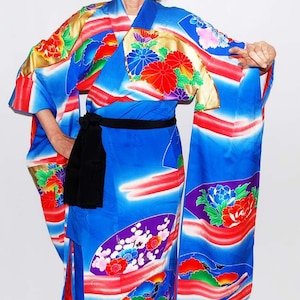 Furisode, Furisode Kimono Blue, Uchikake, Wedding Kimono, Blue Kimono Dress, Long Sleeve Kimono, Japanese Dress Long, Japanese Wedding Robe
