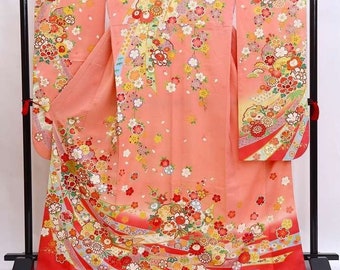 Furisode Kimono, Silk Furisode, L Kimono, Wedding Kimono Dress, Japanese Dress Long, Long Kimono, Pink Kimono Robe, Floral Kimono Robe